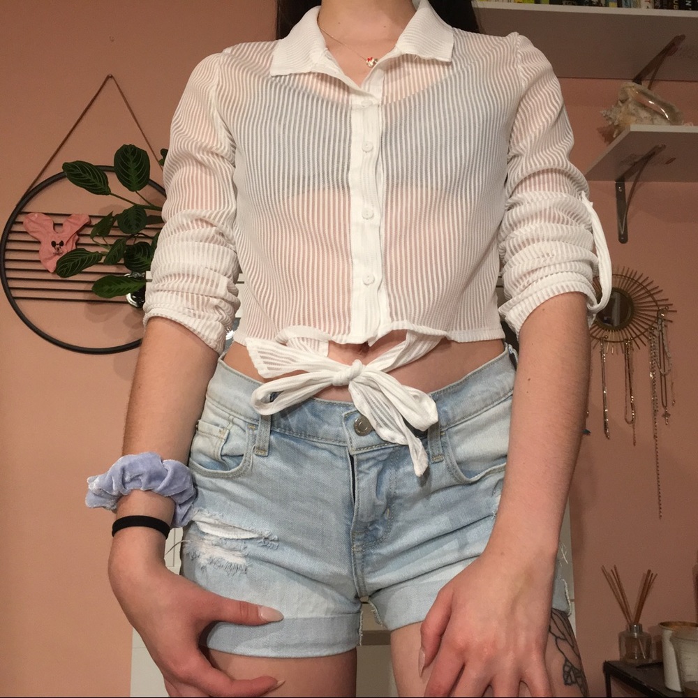 Stripped mesh button down top